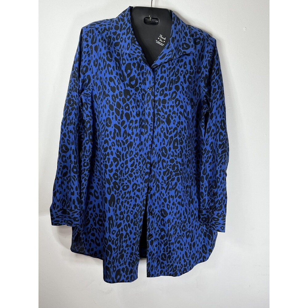 Chico's Shirt Womens Size M 1 Blue Leopard No Iron Button Up Tunic Top